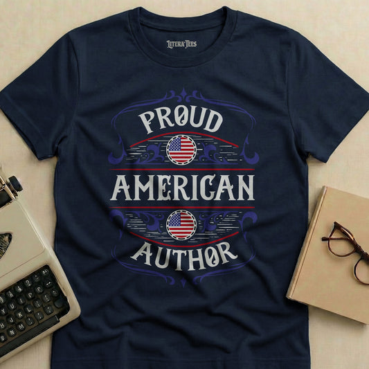 Navy t-shirt with "Proud American Author" text and American flags.