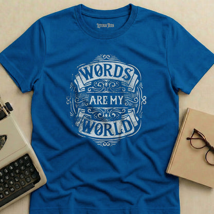 Blue t-shirt with "WORDS ARE MY WORLD LITERA TEES" graphic.