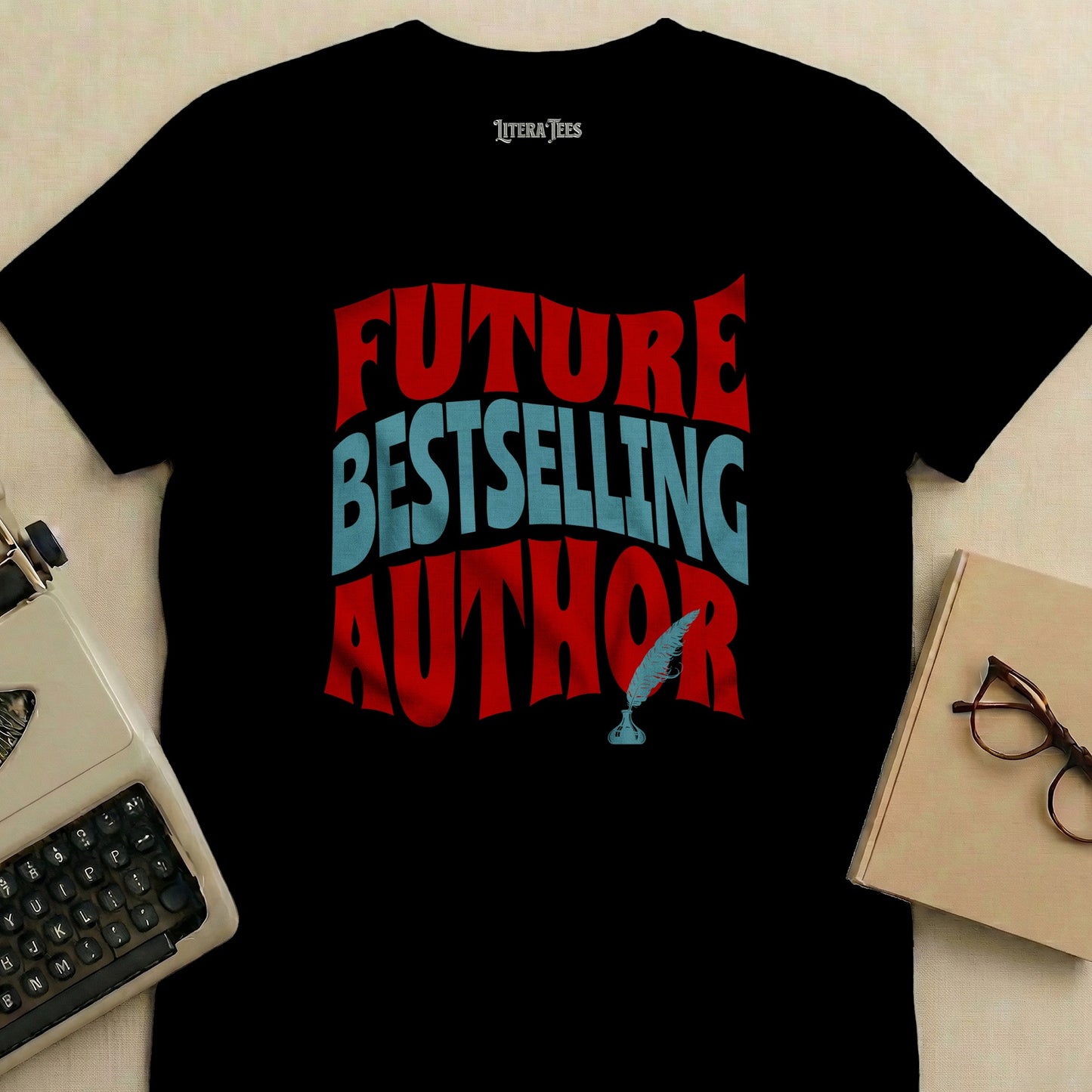 Black t-shirt with "FUTURE BESTSELLING AUTHOR" in red and blue text.