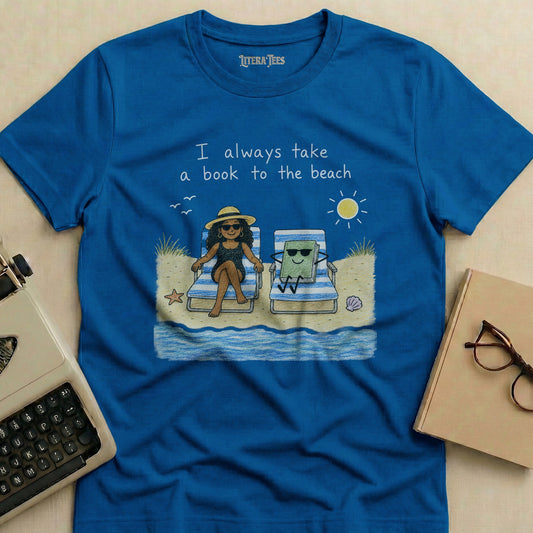 Blue t-shirt with illustration and text: "I always take a book to the beach."