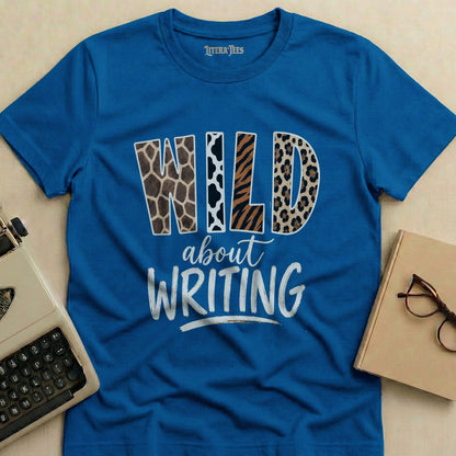 Blue t-shirt with "WILD about WRITING" text in animal print and white lettering.