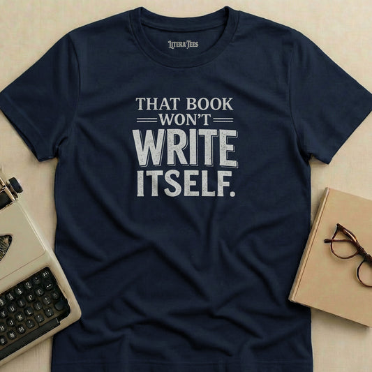 Navy t-shirt with "That book won't write itself." text.