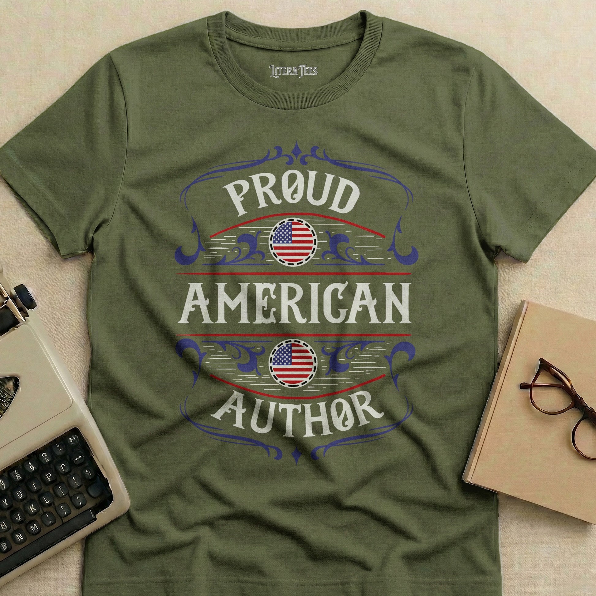 Green t-shirt with "PROUD AMERICAN AUTHOR" and American flag graphic.