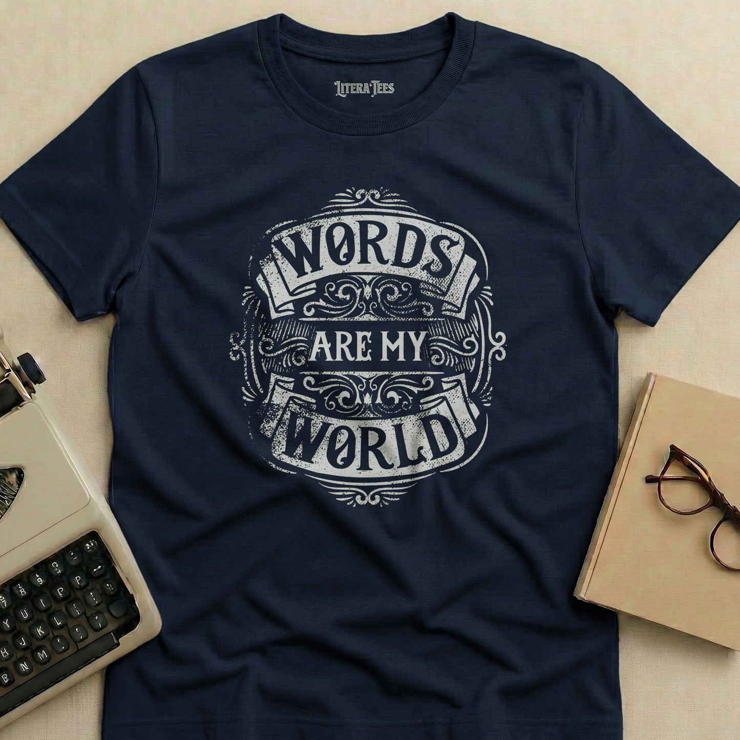 Navy t-shirt with white text "WORDS ARE MY WORLD" from LITERA TEES.
