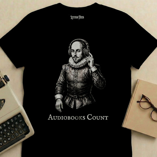 Black t-shirt with a drawing of Shakespeare wearing headphones and text "AUDIOBOOKS COUNT".