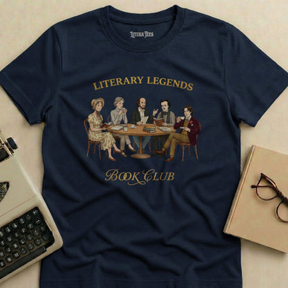 Literary Legends Book Club graphic on a navy t-shirt with a typewriter and glasses.