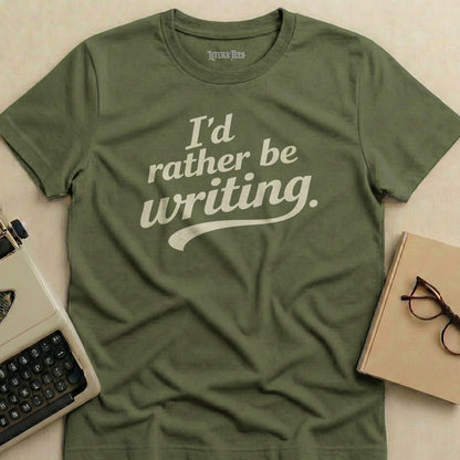 Olive green t-shirt with "I'd rather be writing." text.