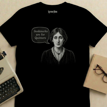 Black t-shirt with illustration of Virginia Woolf and "Bookmarks are for Quitters" text.