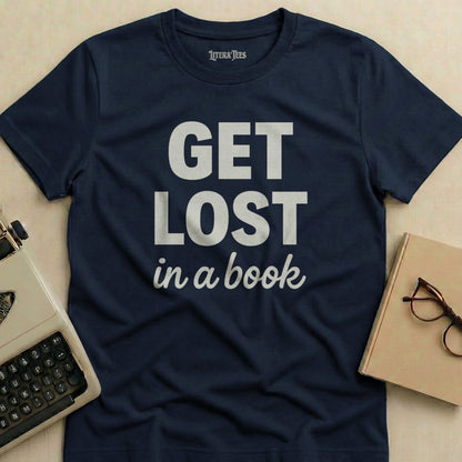 Navy t-shirt with "GET LOST in a book" text.