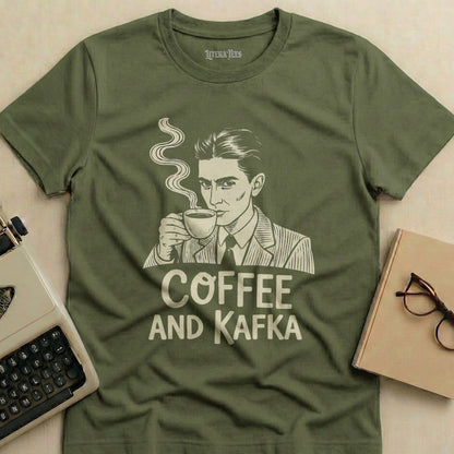 T-shirt with illustration of Franz Kafka drinking coffee, "Coffee and Kafka" text.