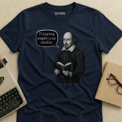 Navy t-shirt with Shakespeare graphic and "Flipping pages is my cardio." text.