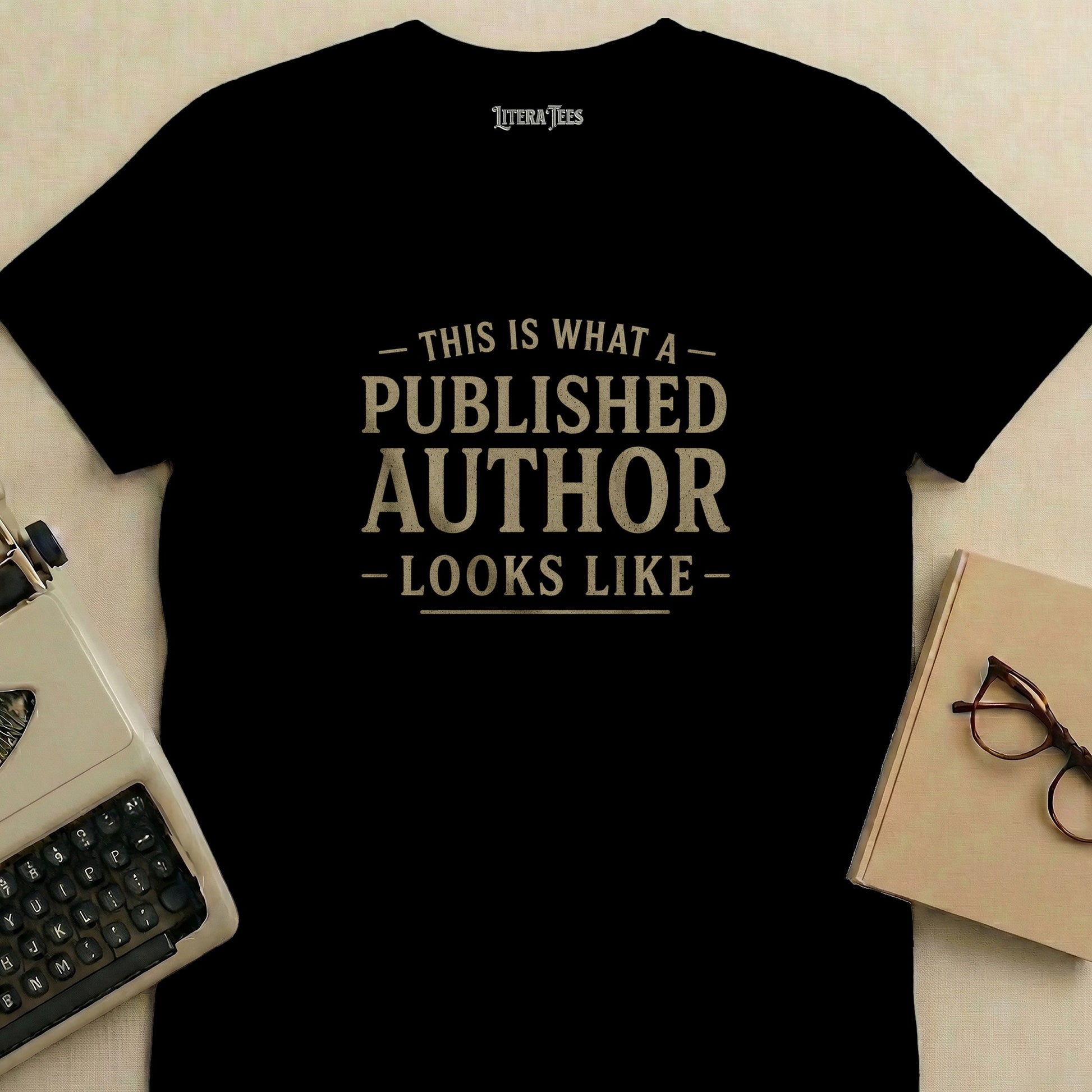 Black t-shirt with "THIS IS WHAT A PUBLISHED AUTHOR LOOKS LIKE" text.