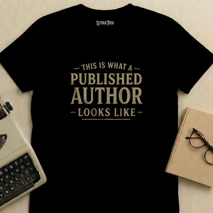 Black t-shirt with "THIS IS WHAT A PUBLISHED AUTHOR LOOKS LIKE" text.