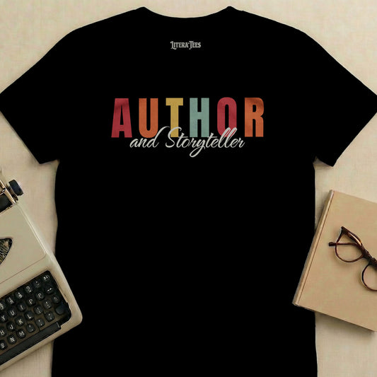 Black t-shirt with "AUTHOR and Storyteller" in colorful block letters.