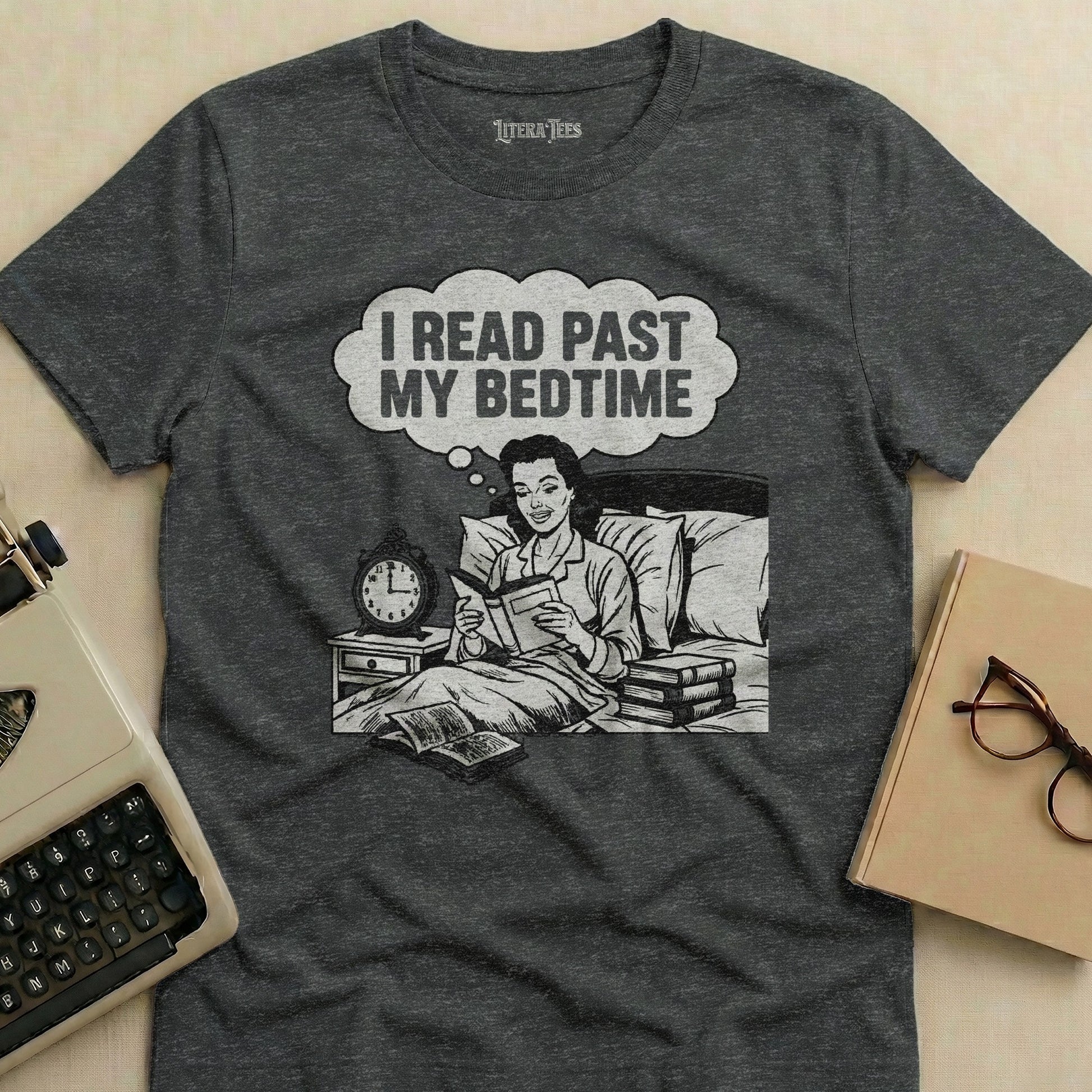 Graphic of woman reading in bed with text "I READ PAST MY BEDTIME".
