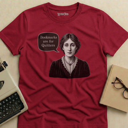 Maroon t-shirt with illustration of Virginia Woolf and text "Bookmarks are for Quitters".