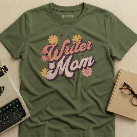 Green t-shirt with "Writer Mom" text in retro floral font.