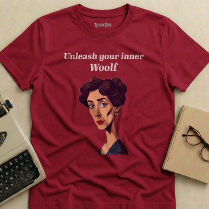 Maroon t-shirt with "Unleash your inner Woolf" and a portrait.