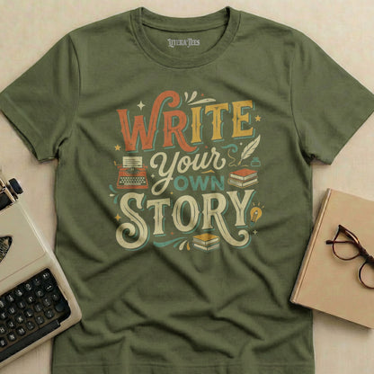 Olive t-shirt with "Write Your Own Story" text, typewriter, and books design.
