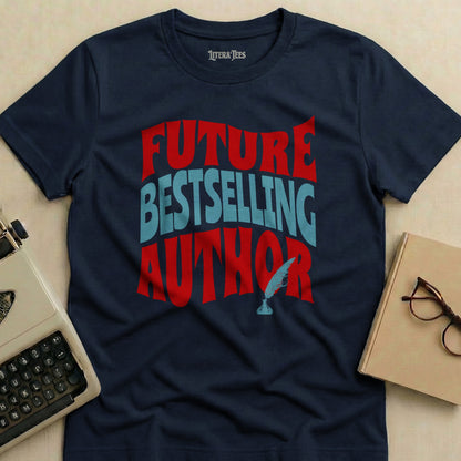 Navy t-shirt with "Future Bestselling Author" in red and blue text.