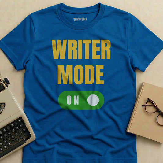 Blue t-shirt with "WRITER MODE ON" text and a typewriter.