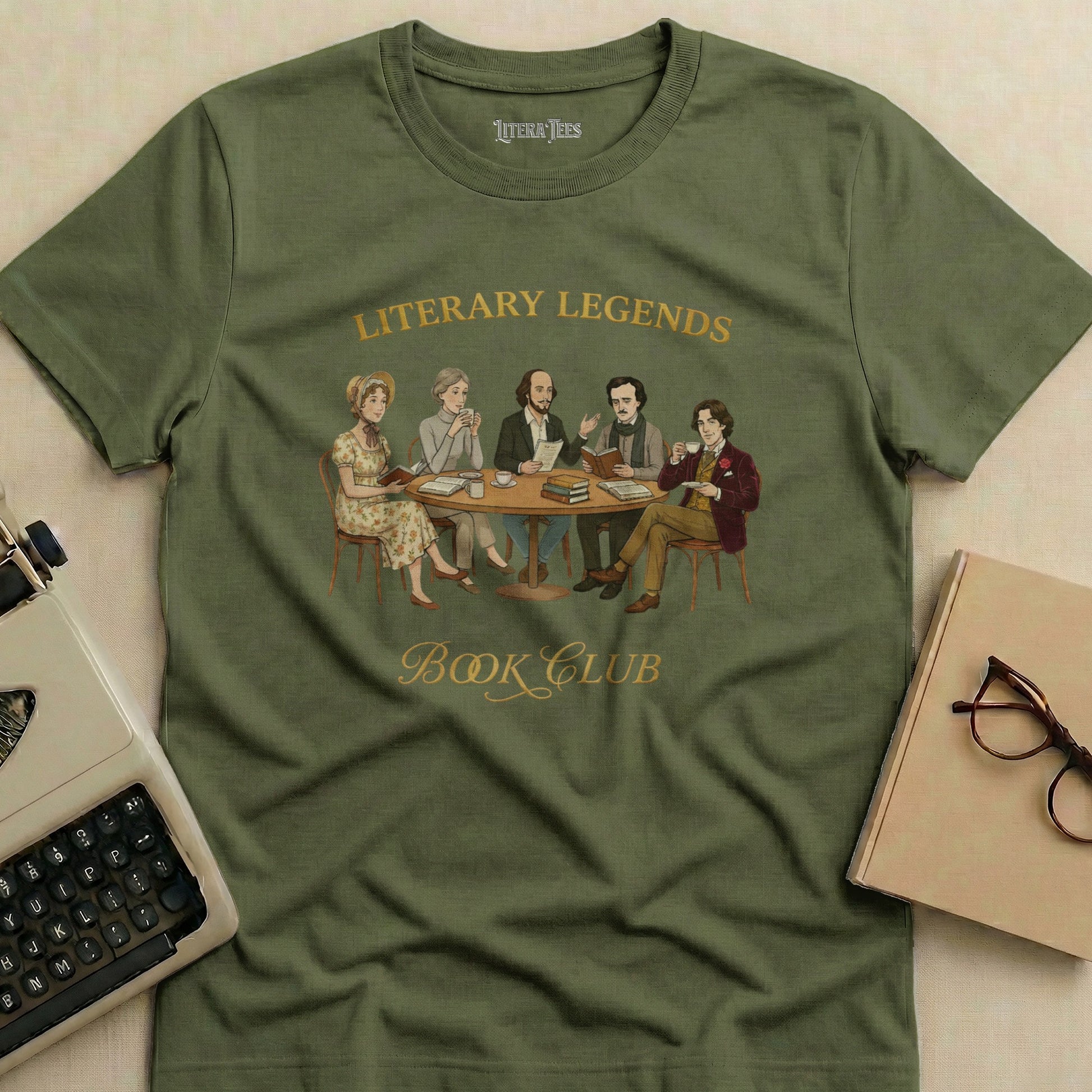 Olive green t-shirt with "Literary Legends Book Club" design featuring five authors.