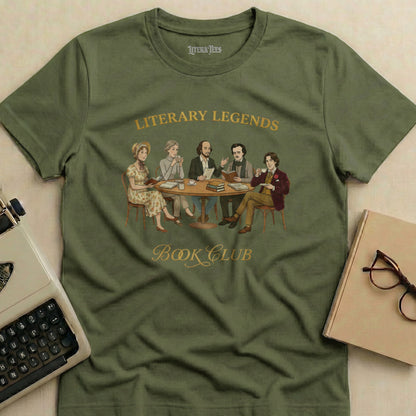 Olive green t-shirt with "Literary Legends Book Club" design featuring five authors.