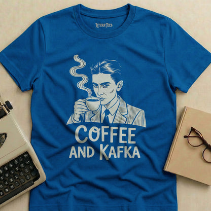 Blue t-shirt with "COFFEE AND KAFKA" and man drinking coffee design.