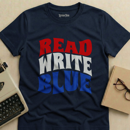 Navy t-shirt with "READ WRITE BLUE" in red, white, and blue block letters.