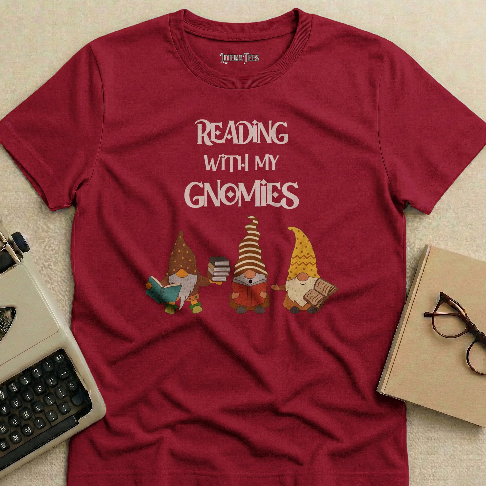 Maroon t-shirt with "Reading With My Gnomies" and three gnomes holding books.