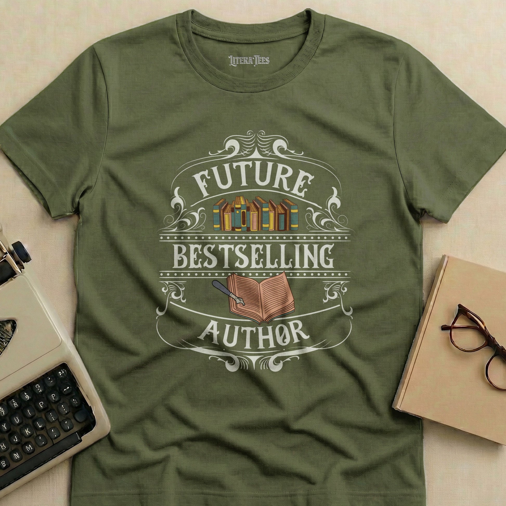 Green t-shirt with "Future Bestselling Author" text and stack of books.