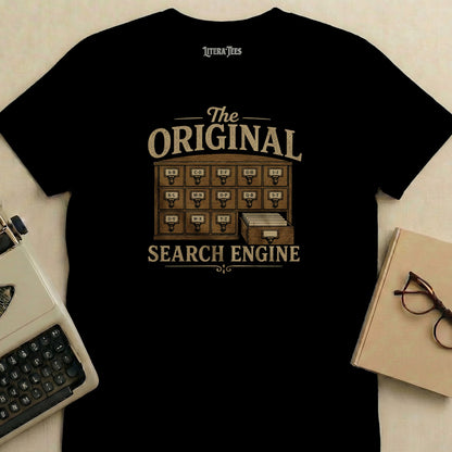 Black t-shirt with "The Original Search Engine" and card catalog graphic.