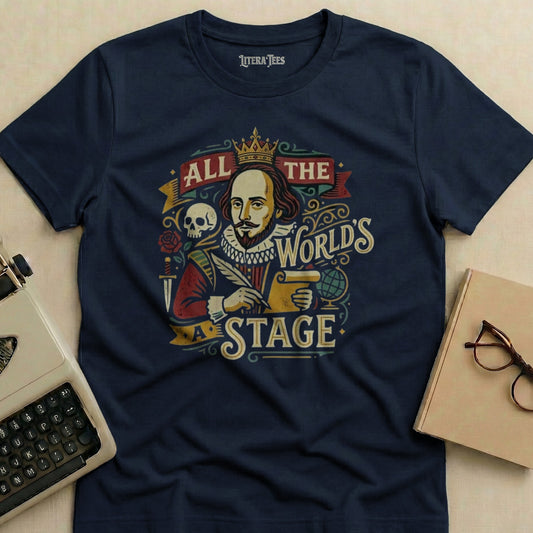 Navy t-shirt with Shakespeare illustration and "All the world's a stage" text.