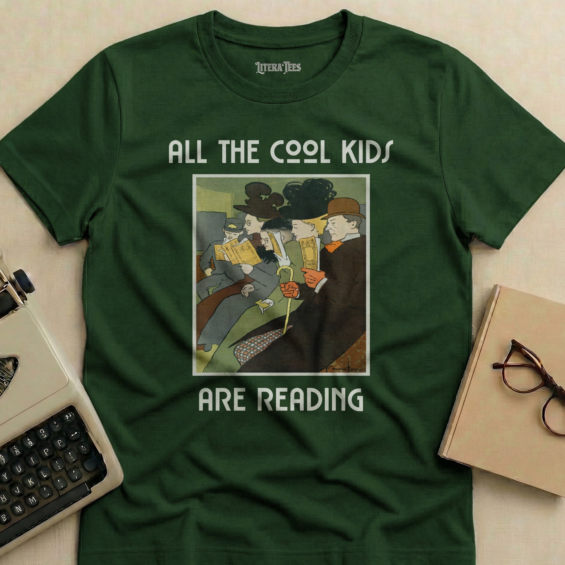Green t-shirt with "ALL THE COOL KIDS ARE READING" and vintage illustration.