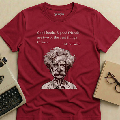 Mark Twain quote on a maroon t-shirt with his portrait.