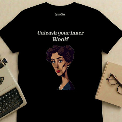 Black t-shirt with "Unleash your inner Woolf" and a stylized portrait.
