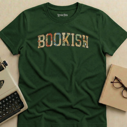 Green t-shirt with "Bookish" text in floral distressed lettering.