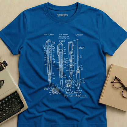 Blueprint-style t-shirt with patent illustration for an anti-gravity pen.
