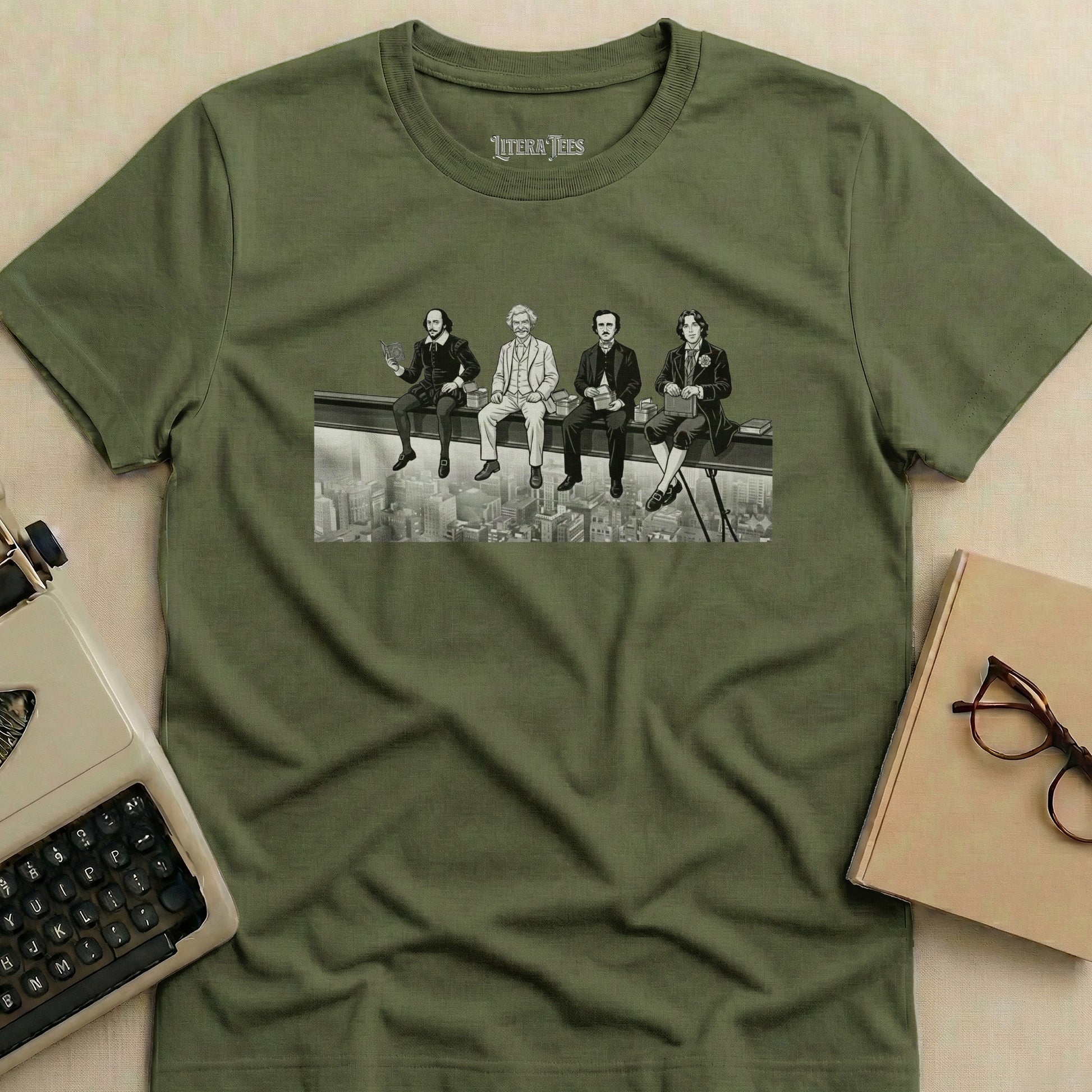 Four historical figures share lunch on a skyscraper beam, printed on a t-shirt.