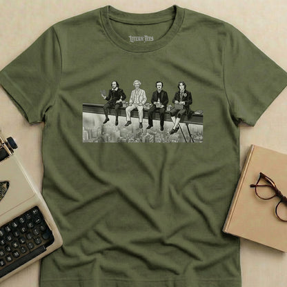 Four historical figures share lunch on a skyscraper beam, printed on a t-shirt.