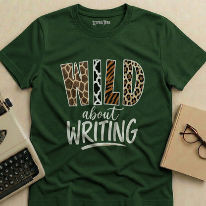 Green t-shirt with "WILD about WRITING" in animal print and white text.