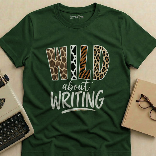 Green t-shirt with "WILD about WRITING" in animal print and white text.
