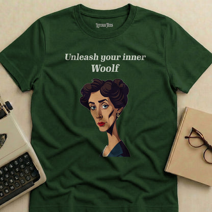 Green t-shirt with "Unleash your inner Woolf" and portrait of Virginia Woolf.