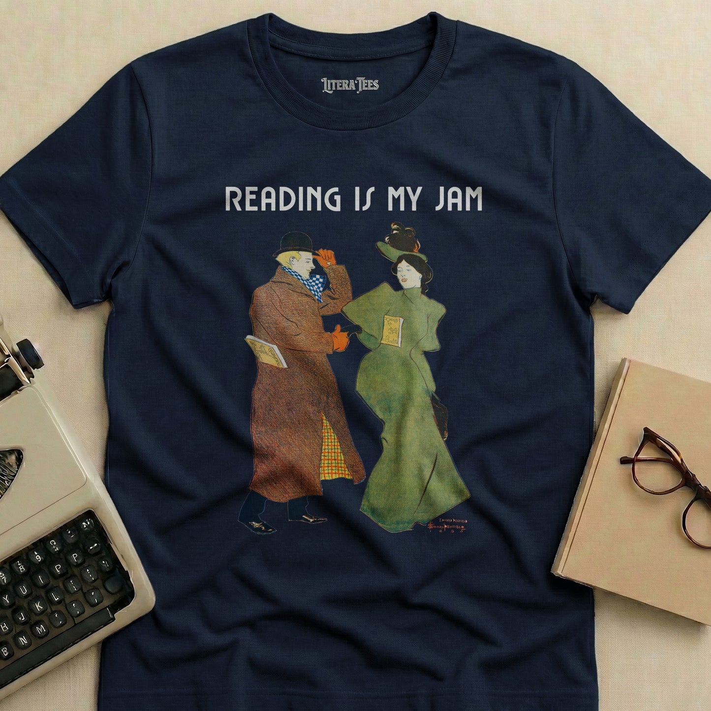 Navy t-shirt with "READING IS MY JAM" and artwork of two people reading.