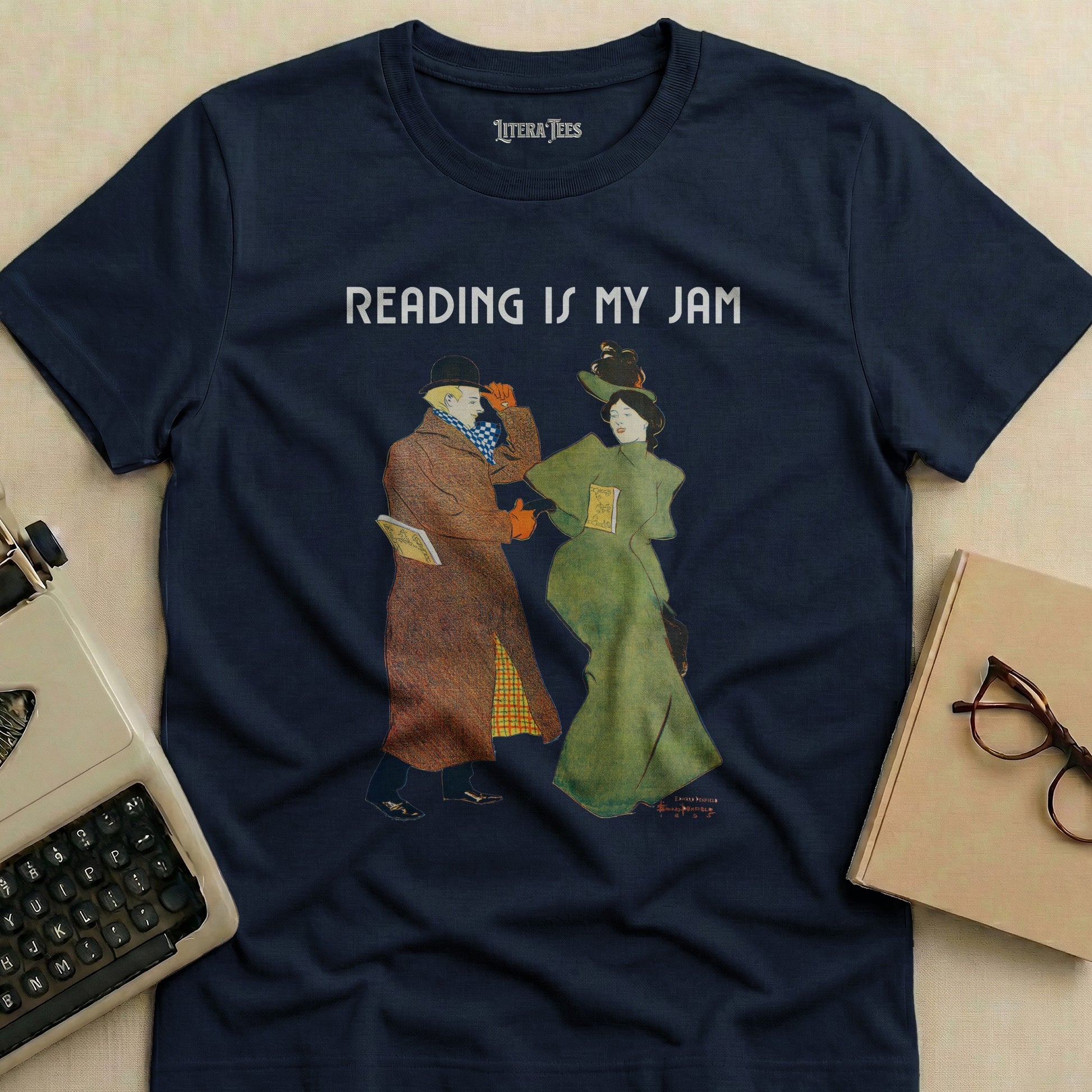 Navy t-shirt with "READING IS MY JAM" and artwork of two people reading.