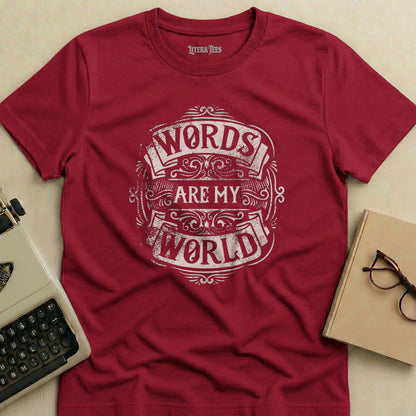 Burgundy t-shirt with "WORDS ARE MY WORLD" graphic.
