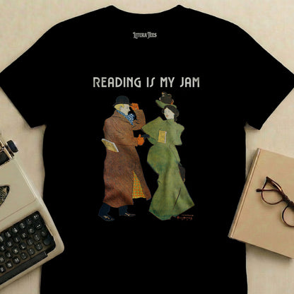 Literatees t-shirt with "Reading is My Jam" and vintage illustration.