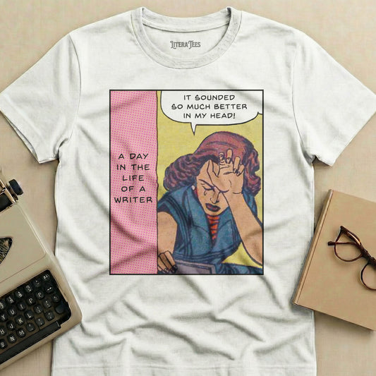 T-shirt with comic panel: Woman holding head, text "It sounded so much better in my head!"