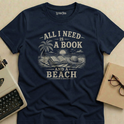 Navy t-shirt with "All I Need is a Book and a Beach" graphic.