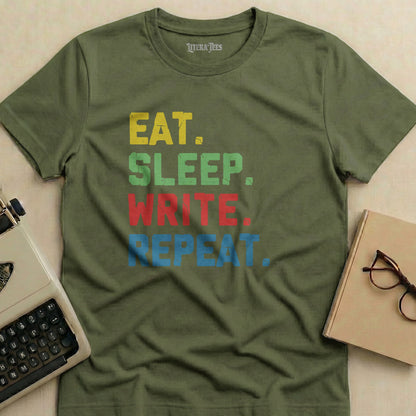Green t-shirt with "EAT. SLEEP. WRITE. REPEAT." in colorful text.